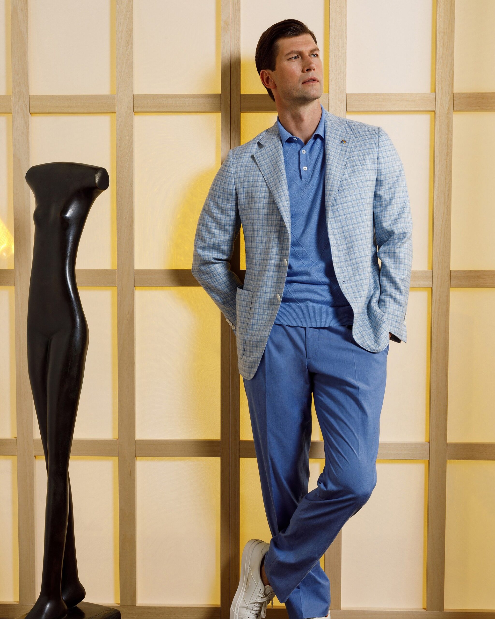 JACKETINTHEBOX®, Giacca monopetto color azzurro con quadri celesti - immagine 2